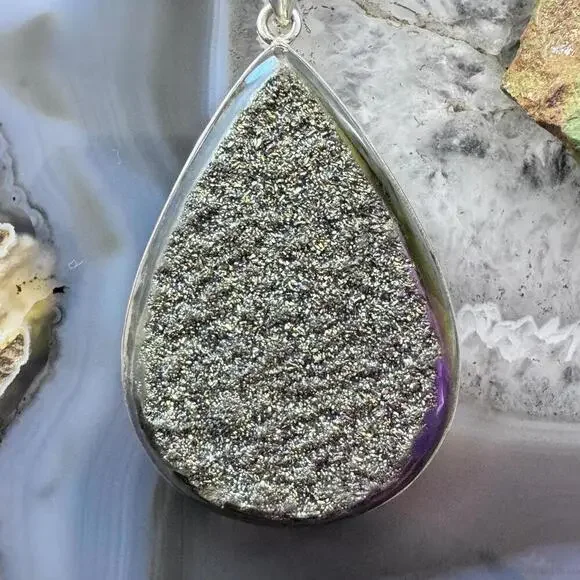Sterling Silver Large Teardrop Druzy Quartz Double Sided Fashion Pendant - Picture 6 of 9